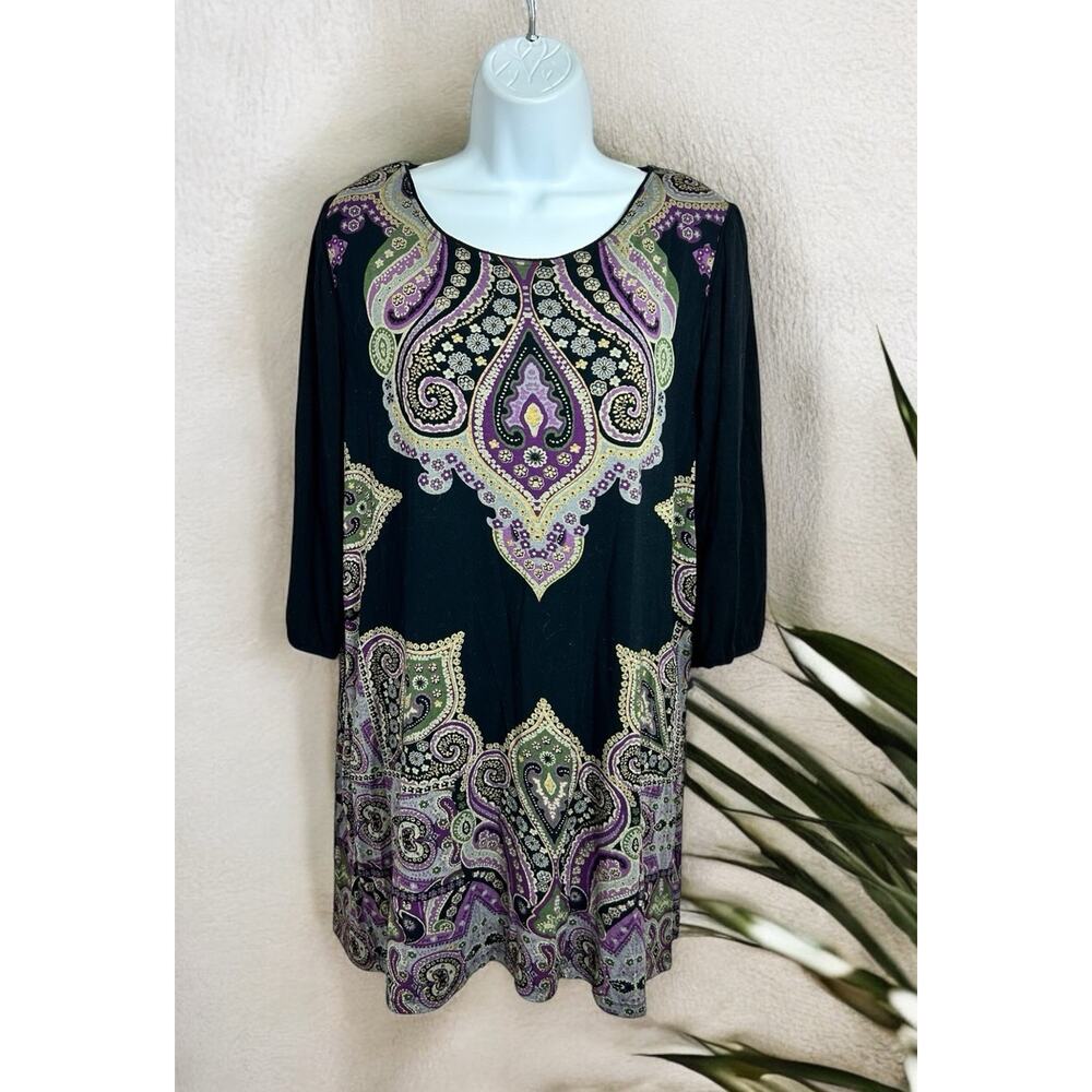 Cha Cha Vente Boho Tunic Top Sz XL Paisley 38/4 Sleeve Blouse Bohemian Long Fit